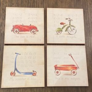 Art work - Pottery Barn Kids - set of 4 - Scooter, Red Car, Little Wagon, Bike